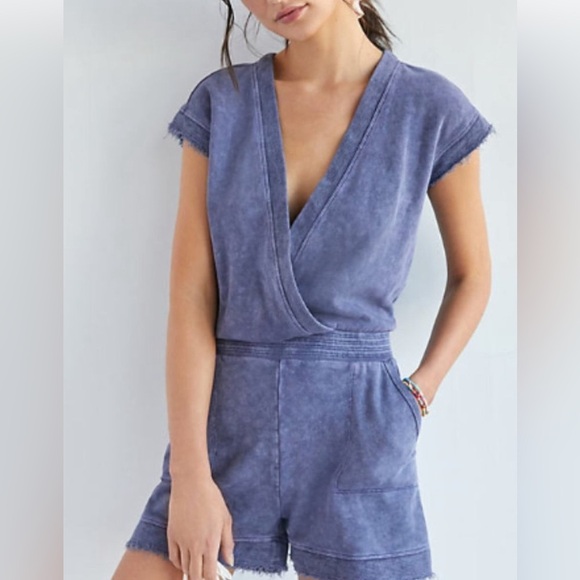 Daily Practice by Anthropologie Small S purple Frayed Surplice Romper - Picture 1 of 11